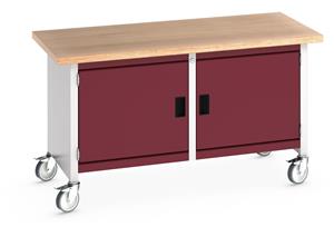 Bott Cubio Mobile Storage Workbench 1500mm wide x 750mm Deep x 840mm high supplied with a Multiplex (layered beech ply) worktop and 2 x integral storage cupboards (650mm wide x 650mm deep x 500mm high).... 1500mm Wide Mobile Moveable Industrial Storage Benches with Cupboards and Drawers